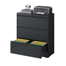 Lateral File Cabinet 3 Drawer, Black Filing Cabinet with Lock, Lockable File Cabinet for Home Office