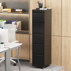 5 Drawer Metal Vertical File Cabinet with Lock on Wheels for Home Office,Heavy Duty Metal Storage Cabinet for A4/Letter/Legal Size Files, Black
