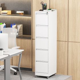 5 Drawer Metal Vertical File Cabinet with Lock on Wheels for Home Office,Heavy Duty Metal Storage Cabinet for A4/Letter/Legal Size Files, White